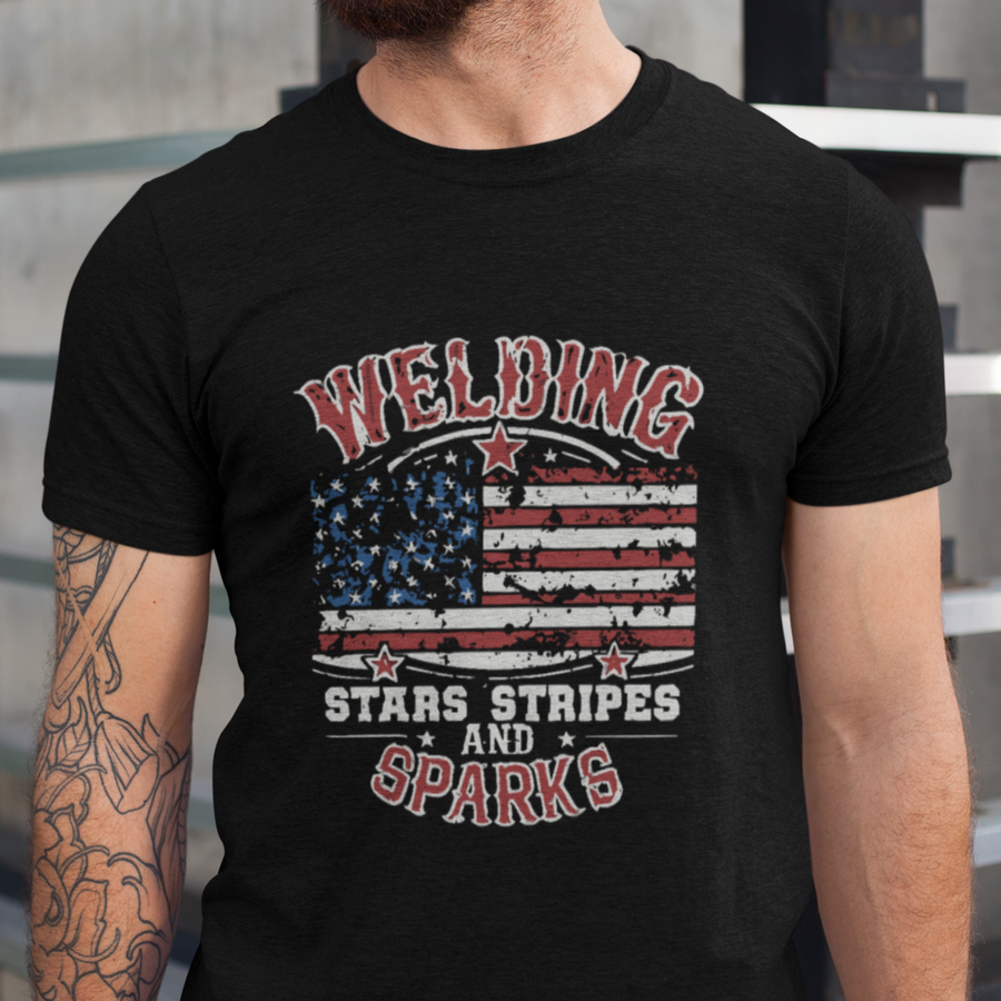 Welding Stars, Stripes and Sparks shirt with distressed American flag design