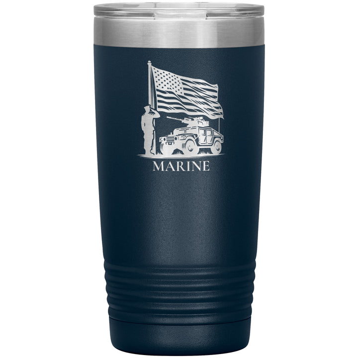 20oz insulated navy tumbler, made from rugged double-wall stainless steel, features a Marine Saluting Flag with Humvee.