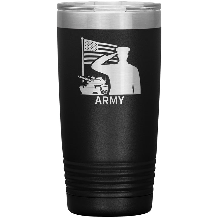 20oz insulated black tumbler, made from rugged double-wall stainless steel, features a ARMY Flag Tank Salute.