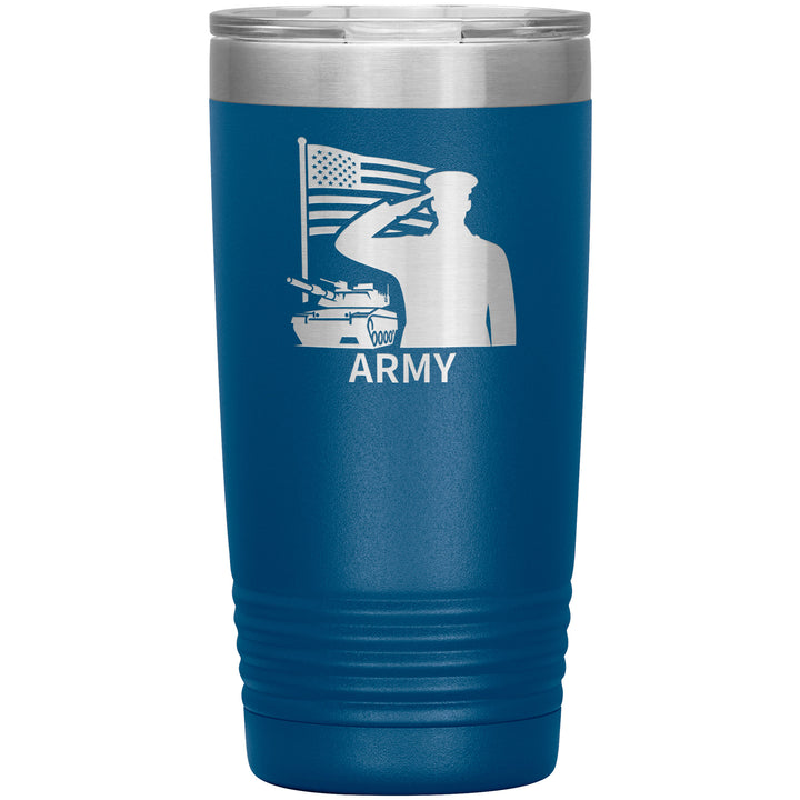 20oz insulated blue tumbler, made from rugged double-wall stainless steel, features a ARMY Flag Tank Salute.