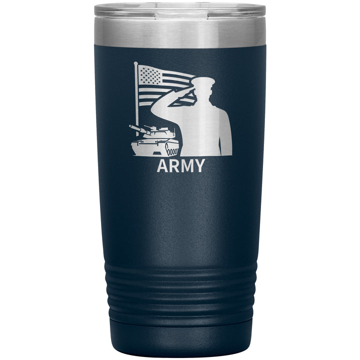20oz insulated navy tumbler, made from rugged double-wall stainless steel, features a ARMY Flag Tank Salute.