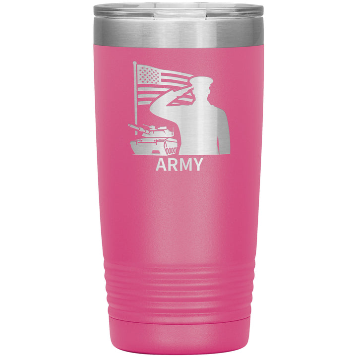 20oz insulated  pink tumbler, made from rugged double-wall stainless steel, features a ARMY Flag Tank Salute.