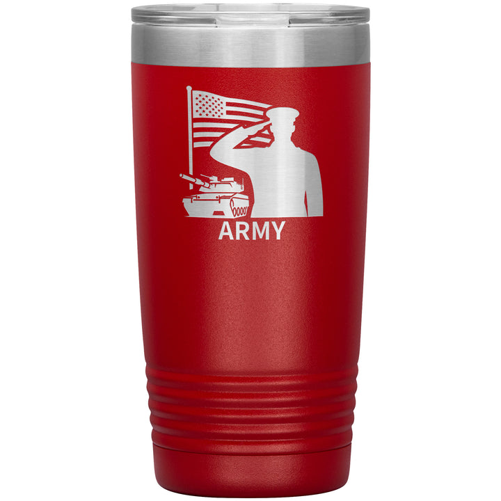 20oz insulated red tumbler, made from rugged double-wall stainless steel, features a ARMY Flag Tank Salute.