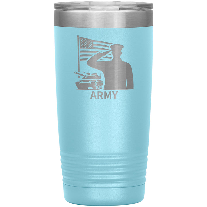 20oz insulated  light blue tumbler, made from rugged double-wall stainless steel, features a ARMY Flag Tank Salute.