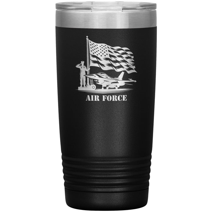 20oz insulated black tumbler, made from rugged double-wall stainless steel, features a Air Force Saluting Flag Jet.