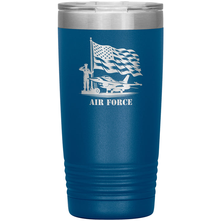 20oz insulated blue tumbler, made from rugged double-wall stainless steel, features a Air Force Saluting Flag Jet.