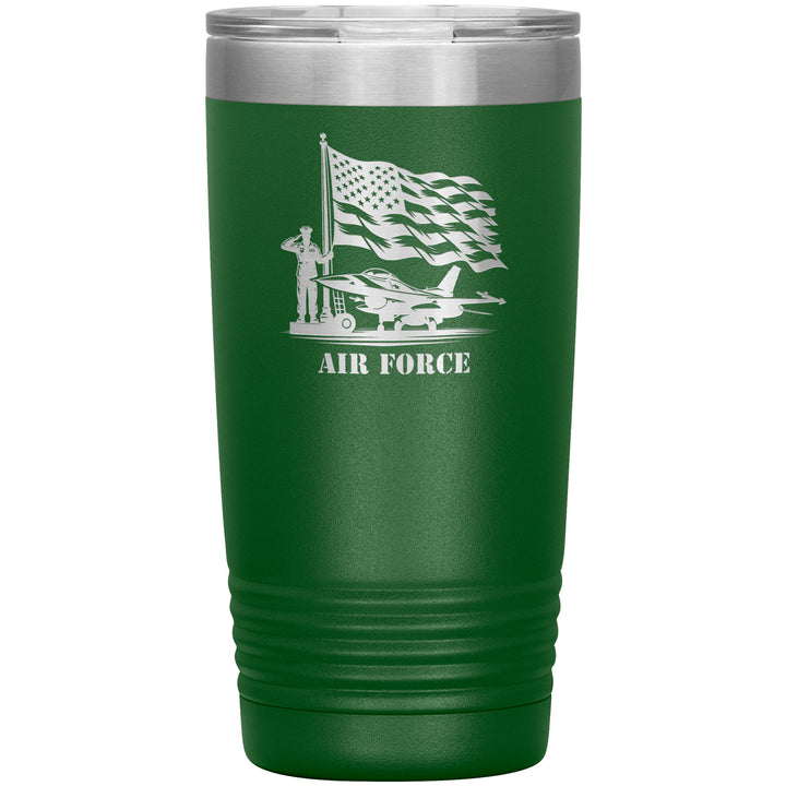20oz insulated green tumbler, made from rugged double-wall stainless steel, features a Air Force Saluting Flag Jet.
