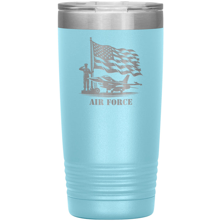 20oz insulated light blue tumbler, made from rugged double-wall stainless steel, features a Air Force Saluting Flag Jet.