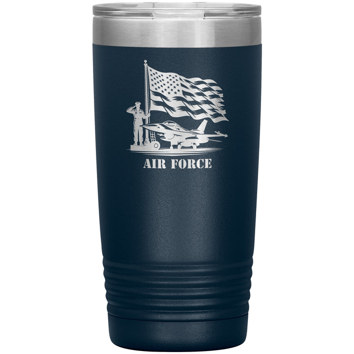 20oz insulated navy tumbler, made from rugged double-wall stainless steel, features a Air Force Saluting Flag Jet.