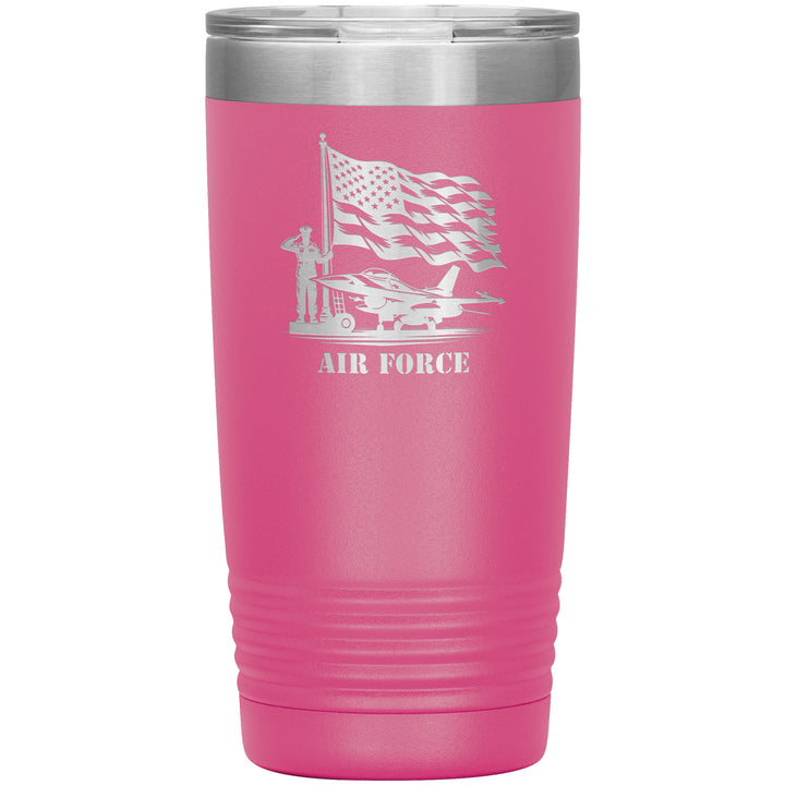 20oz insulated pink tumbler, made from rugged double-wall stainless steel, features a Air Force Saluting Flag Jet.