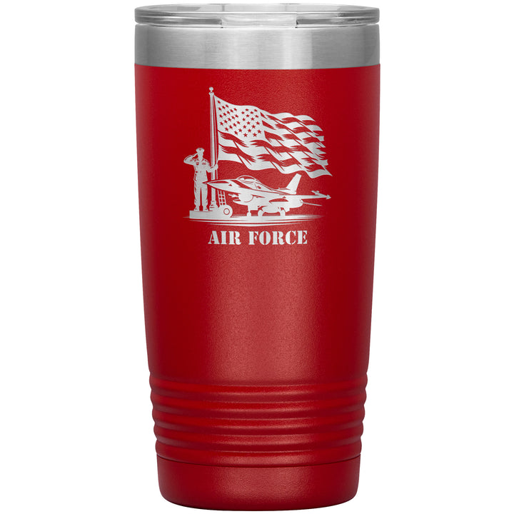 20oz insulated red tumbler, made from rugged double-wall stainless steel, features a Air Force Saluting Flag Jet.