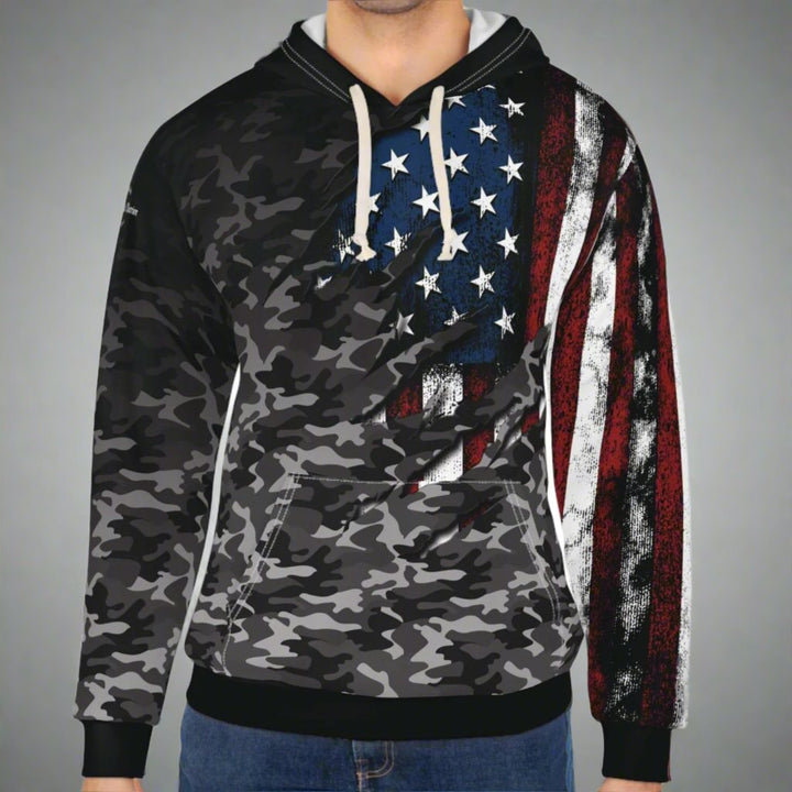 hoodie features a large front pocket and a hood with a drawstring all-over print left arm American flag camo pullover.