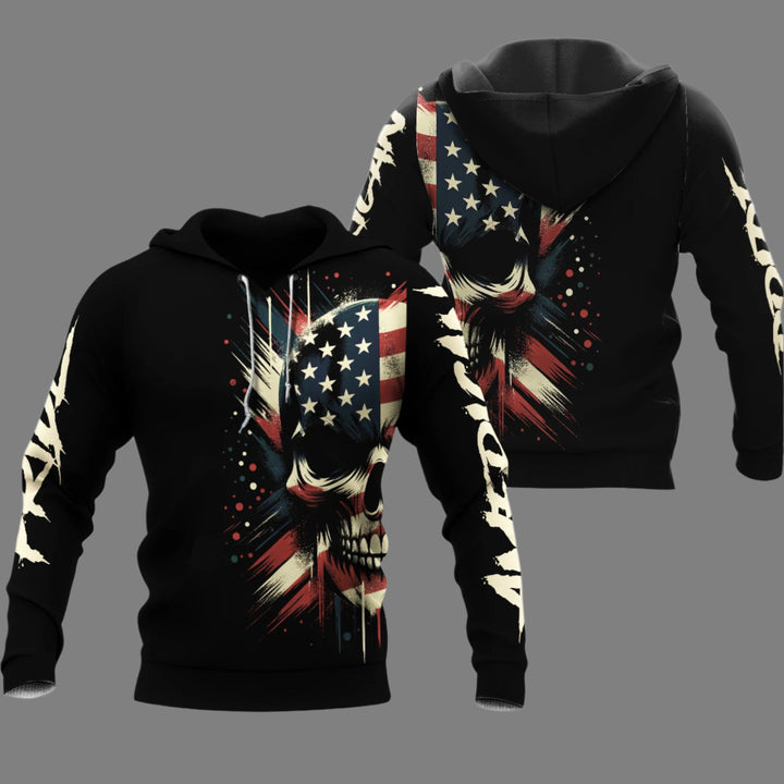 black hoodie features a red, white, and blue patriotic skull design with AMERICAN PRIDE emblazoned on the arms.