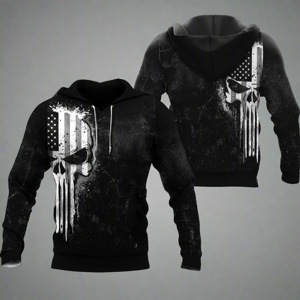 hoodie features a Black and White American Flag Skull Pullover design.