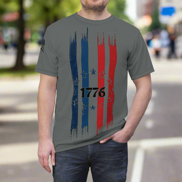 white stitching cotton t-shirt crew neckline features the iconic Dark Grey 1776 Betsy Ross Flag Cut & Sew. Crafted from premium 100% polyester