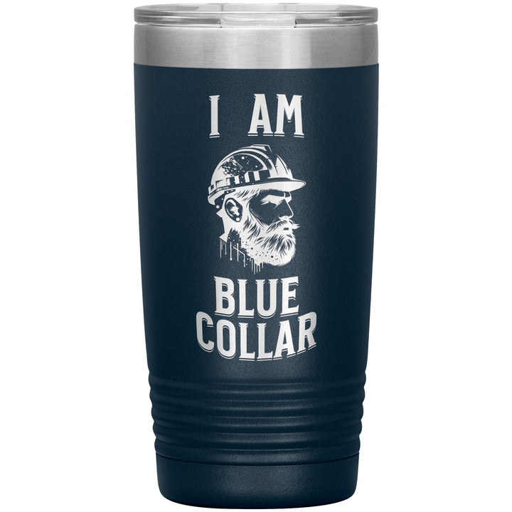 20oz insulated navy tumbler, made from rugged double-wall stainless steel, features a I AM Blue Collar.
