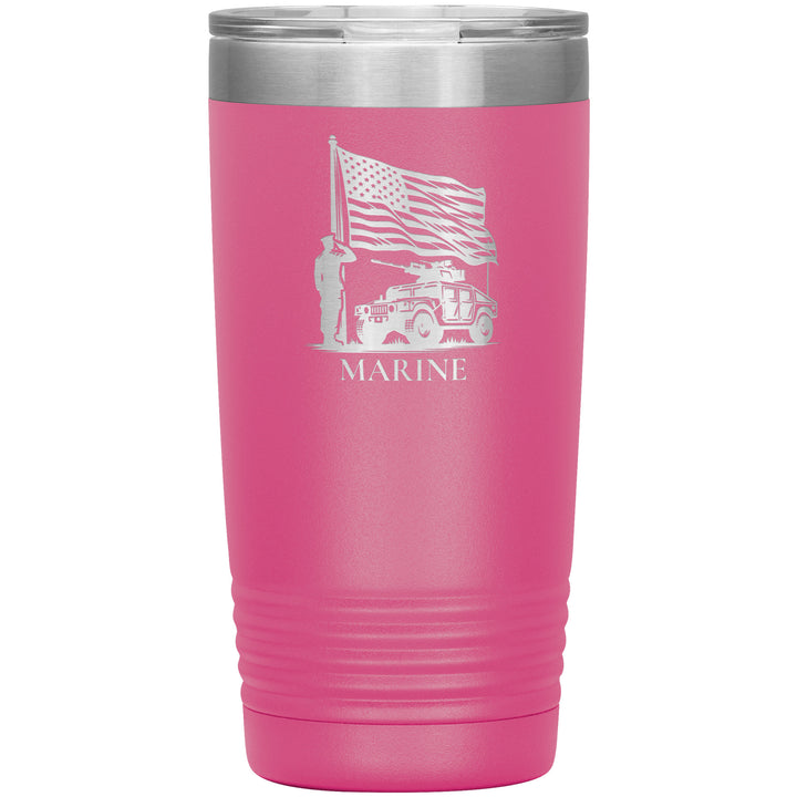20oz insulated pink tumbler, made from rugged double-wall stainless steel, features a Marine Saluting Flag with Humvee.