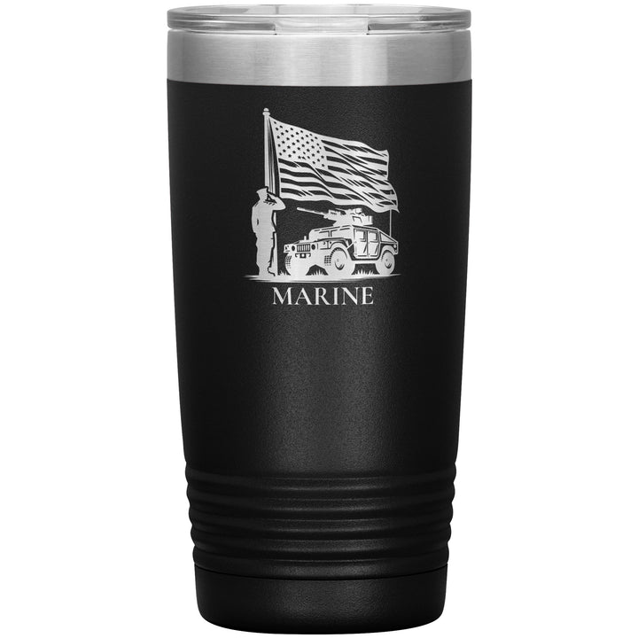 20oz insulated black tumbler, made from rugged double-wall stainless steel, features a Marine Saluting Flag with Humvee.
