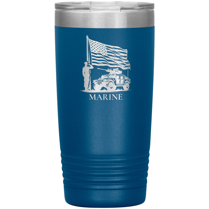 20oz insulated black tumbler, made from rugged double-wall stainless steel, features a Marine Saluting Flag with Humvee.