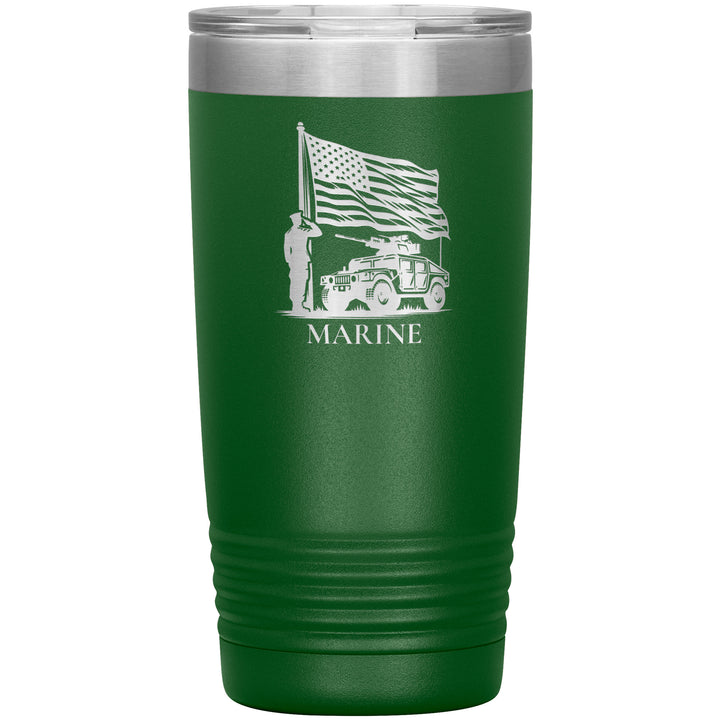 20oz insulated green tumbler, made from rugged double-wall stainless steel, features a Marine Saluting Flag with Humvee.