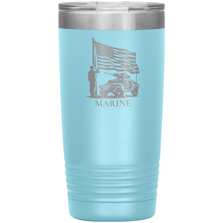 20oz insulated light blue tumbler, made from rugged double-wall stainless steel, features a Marine Saluting Flag with Humvee.