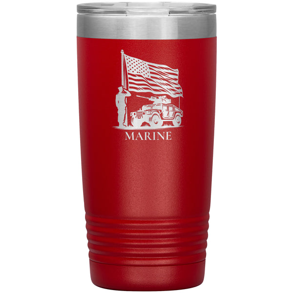 20oz insulated red tumbler, made from rugged double-wall stainless steel, features a Marine Saluting Flag with Humvee.
