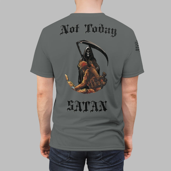 black stitching cotton t-shirt crew neckline features a medic flipping off the Grim Reaper, it's a powerful statement of resilience and defiance. Crafted from premium 100% polyester.