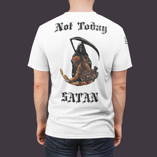 white stitching cotton t-shirt crew neckline features a medic flipping off the Grim Reaper, it's a powerful statement of resilience and defiance. Crafted from premium 100% polyester.