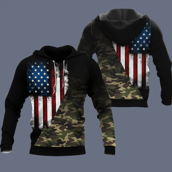 hoodie features all-over print left arm American flag camo pullover.