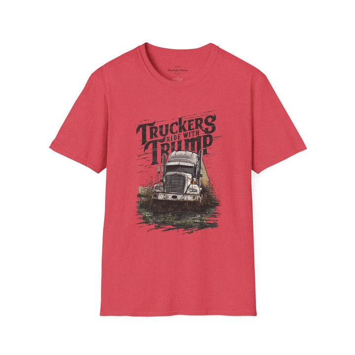 heather red cotton t-shirt crew neckline features a bold big rig design combine with bold text Truckers Ride With Trump, this tee is perfect for casual outings.
