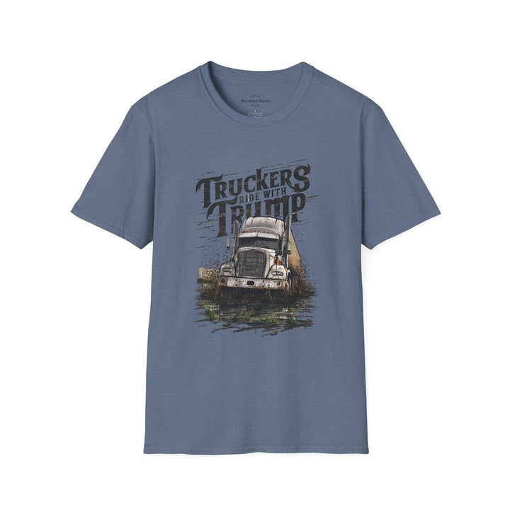 heather indigo cotton t-shirt crew neckline features a bold big rig design combine with bold text Truckers Ride With Trump, this tee is perfect for casual outings.
