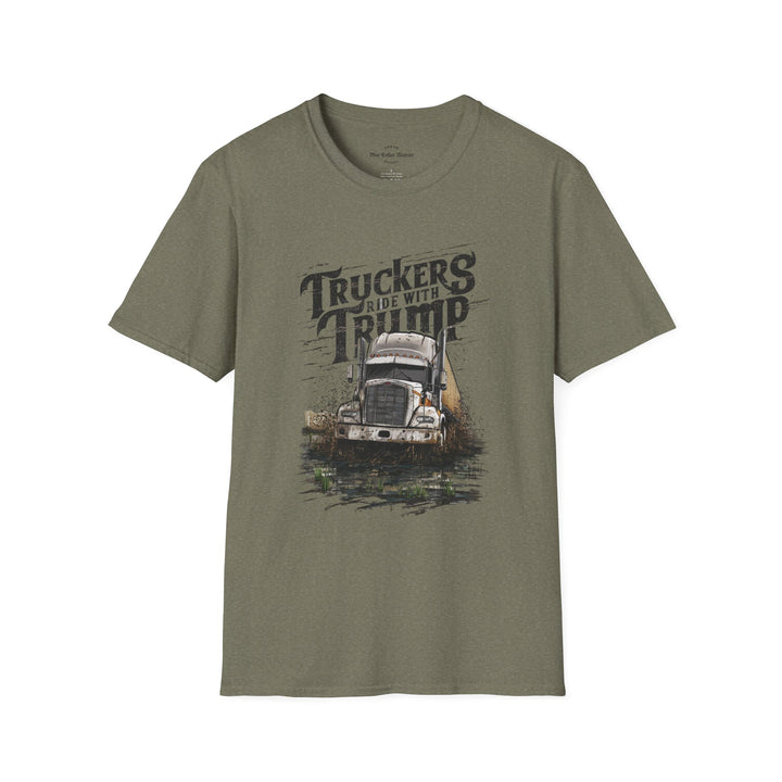 heather military indigo cotton t-shirt crew neckline features a bold big rig design combine with bold text Truckers Ride With Trump, this tee is perfect for casual outings.