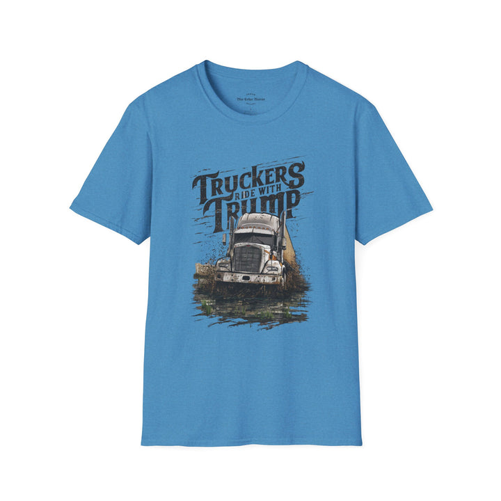 heather sapphire cotton t-shirt crew neckline features a bold big rig design combine with bold text Truckers Ride With Trump, this tee is perfect for casual outings.