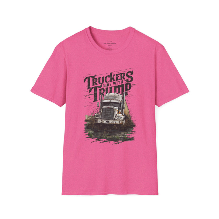 heather heliconia cotton t-shirt crew neckline features a bold big rig design combine with bold text Truckers Ride With Trump, this tee is perfect for casual outings.