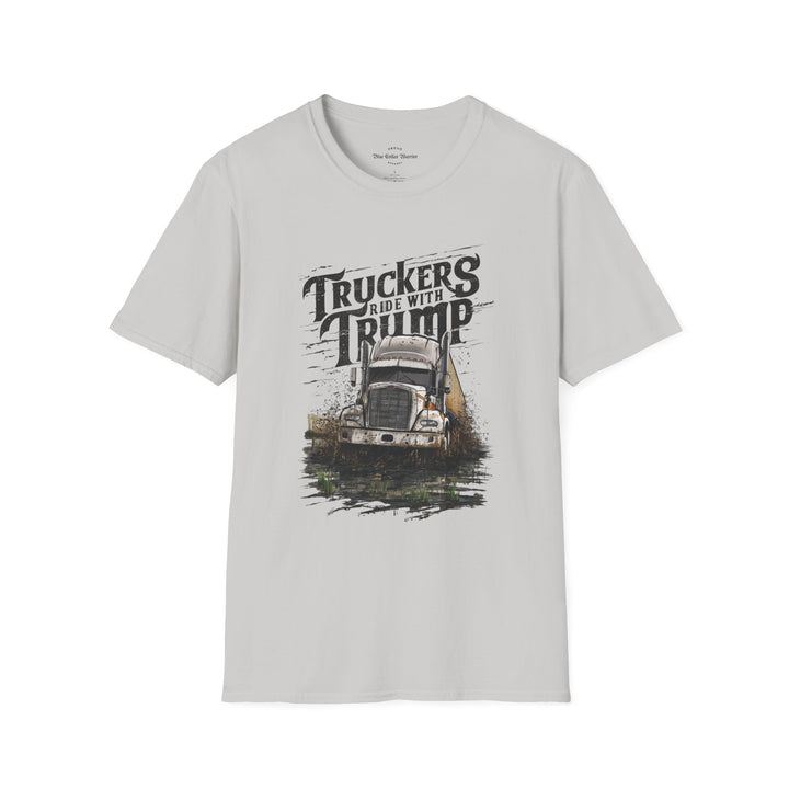 ice grey cotton t-shirt crew neckline features a bold big rig design combine with bold text Truckers Ride With Trump, this tee is perfect for casual outings.