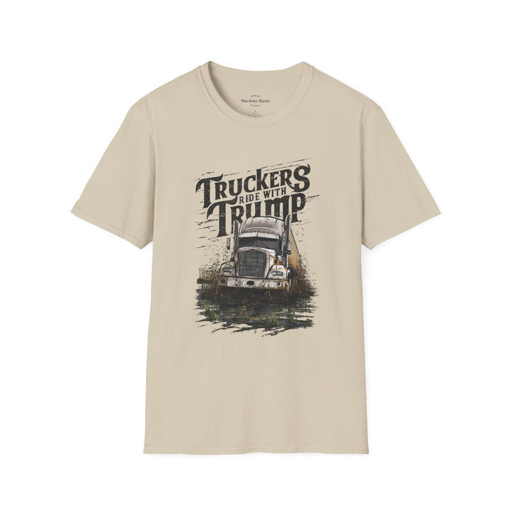 sand cotton t-shirt crew neckline features a bold big rig design combine with bold text Truckers Ride With Trump, this tee is perfect for casual outings.