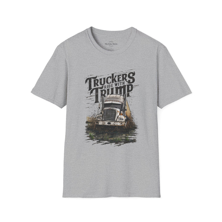 sport grey cotton t-shirt crew neckline features a bold big rig design combine with bold text Truckers Ride With Trump, this tee is perfect for casual outings.