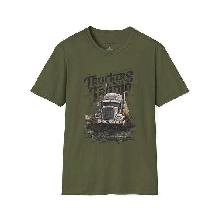 military green cotton t-shirt crew neckline features a bold big rig design combine with bold text Truckers Ride With Trump, this tee is perfect for casual outings.