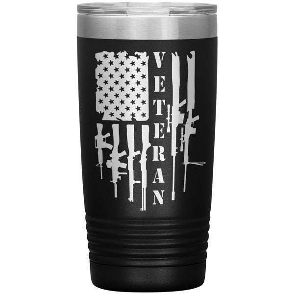 20oz insulated black tumbler, made from rugged double-wall stainless steel, features a American firepower: rifles, shotguns, and sniper rifles.