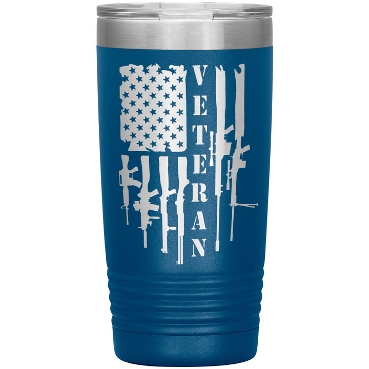 20oz insulated blue tumbler, made from rugged double-wall stainless steel, features a American firepower: rifles, shotguns, and sniper rifles.