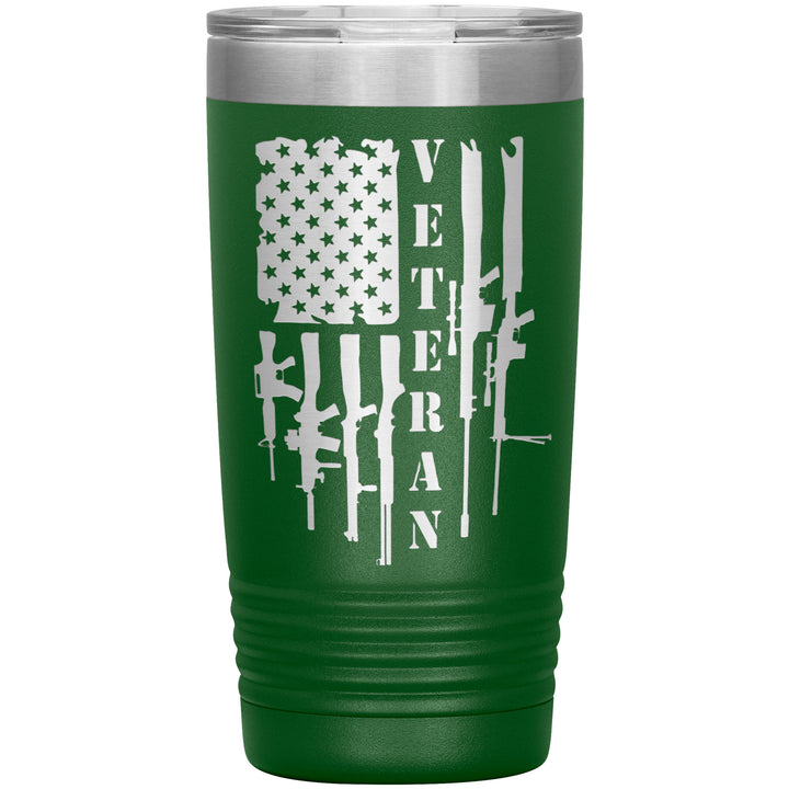 20oz insulated green tumbler, made from rugged double-wall stainless steel, features a American firepower: rifles, shotguns, and sniper rifles.