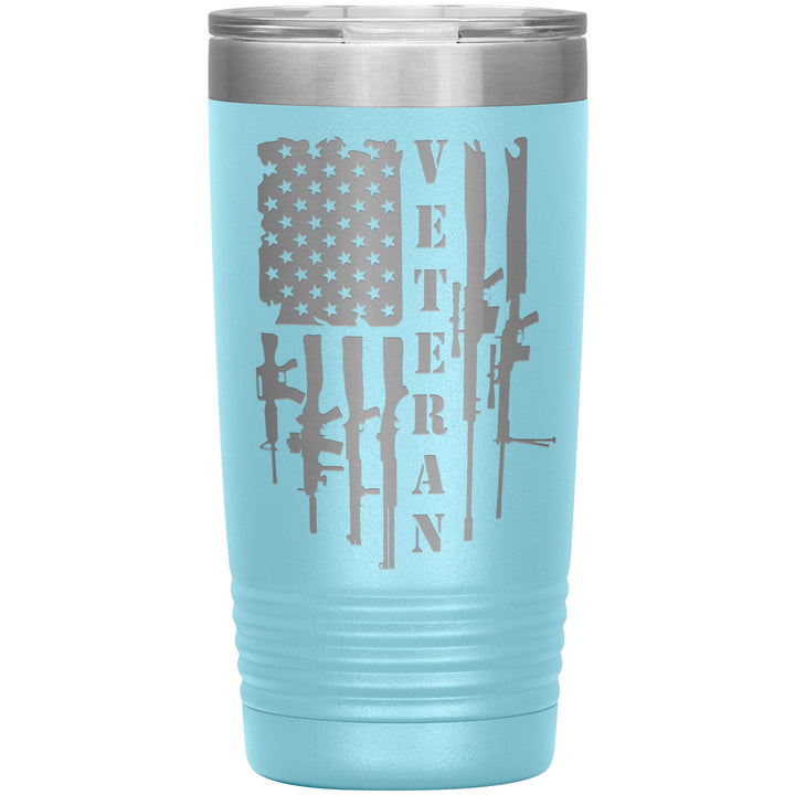 20oz insulated light blue tumbler, made from rugged double-wall stainless steel, features a American firepower: rifles, shotguns, and sniper rifles.