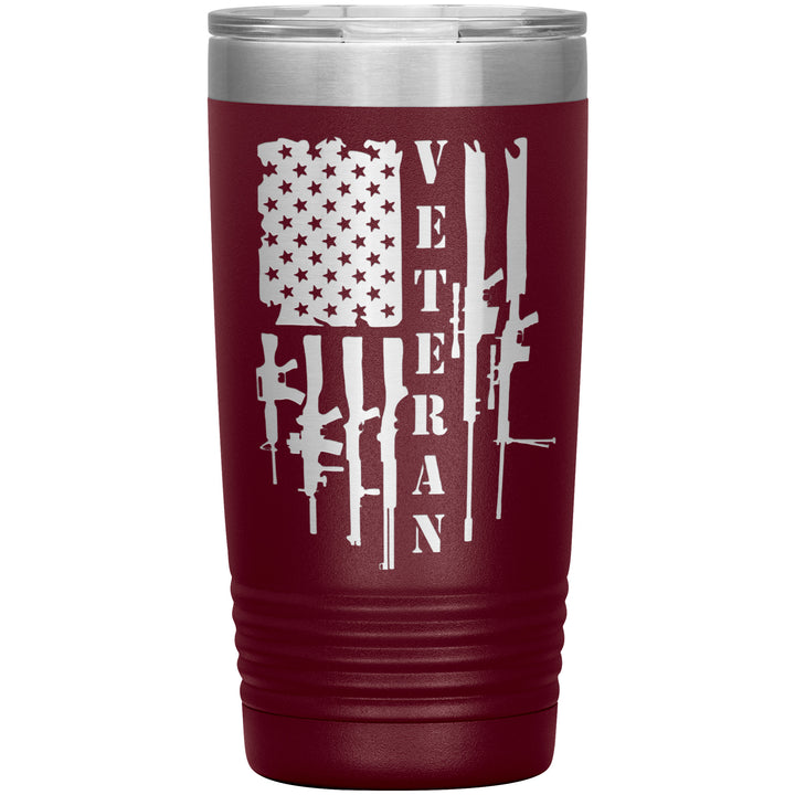 20oz insulated maroon tumbler, made from rugged double-wall stainless steel, features a American firepower: rifles, shotguns, and sniper rifles.