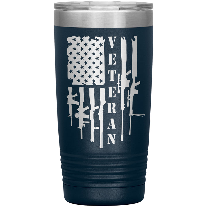 20oz insulated navy tumbler, made from rugged double-wall stainless steel, features a American firepower: rifles, shotguns, and sniper rifles.