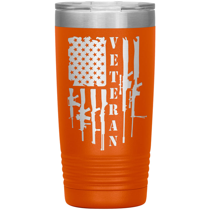 20oz insulated orange tumbler, made from rugged double-wall stainless steel, features a American firepower: rifles, shotguns, and sniper rifles.