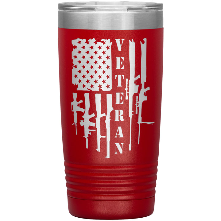 20oz insulated red tumbler, made from rugged double-wall stainless steel, features a American firepower: rifles, shotguns, and sniper rifles.