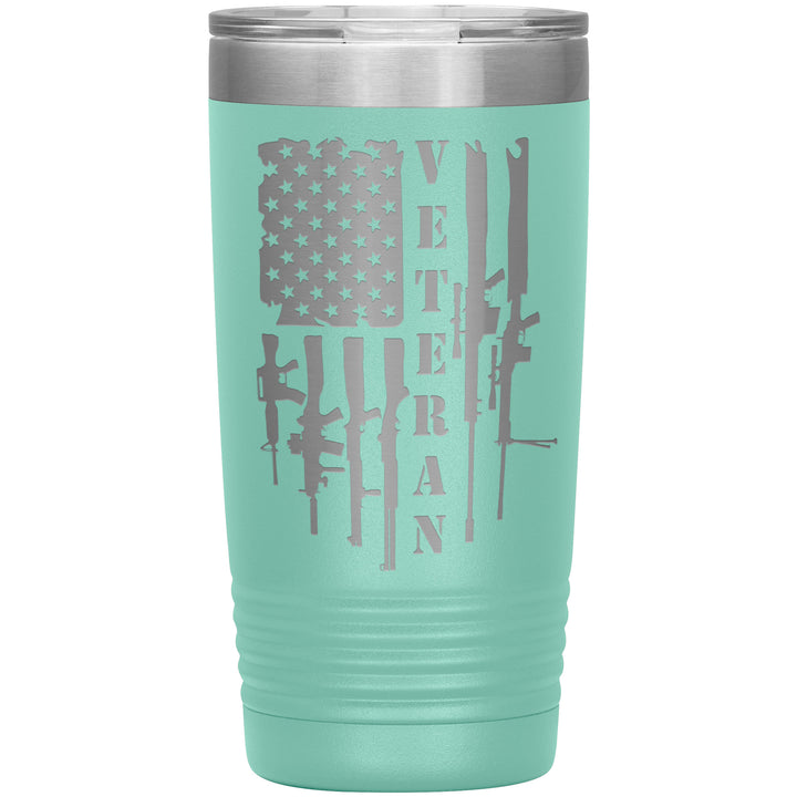 20oz insulated teal tumbler, made from rugged double-wall stainless steel, features a American firepower: rifles, shotguns, and sniper rifles.