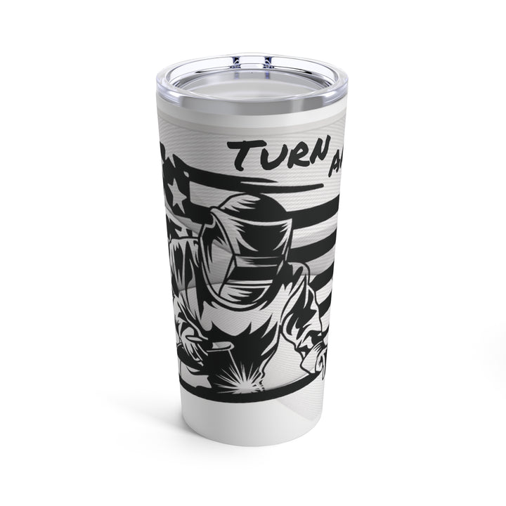 20oz insulated navy tumbler, made from rugged double-wall stainless steel, features a welder and the American flag.